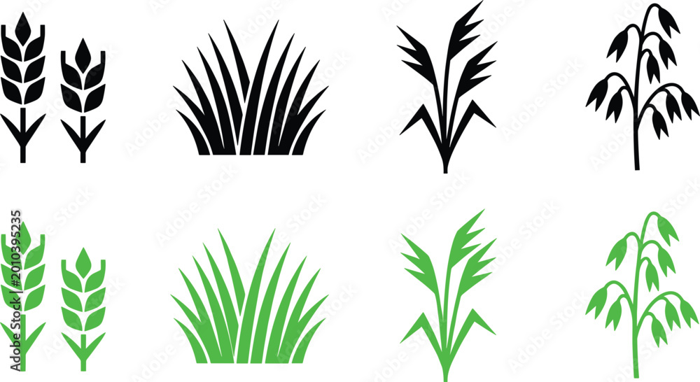 Obraz premium Versatile Vector Icon Set Featuring Cereal Grains, Wheat Ears, Lush Grass Tufts, and Meadow Plant Silhouettes in Black and Green Colors for Agricultural Branding and Environmental Design