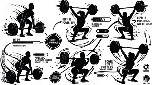 Slika na platnu Weightlifting Infographic Vector Silhouette Set of Male and Female Athletes