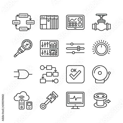 Control systems and industrial components icons vector