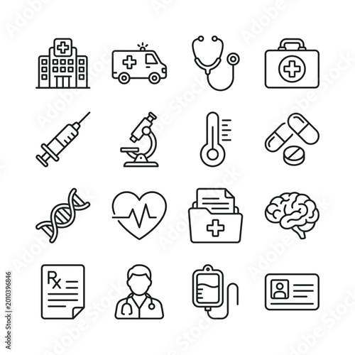 Assortment of medical and health icons in outline style Vector