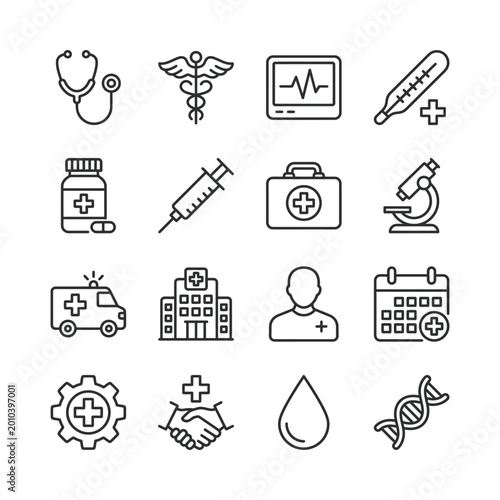Essential medical icons for diagnosis and treatment Vector
