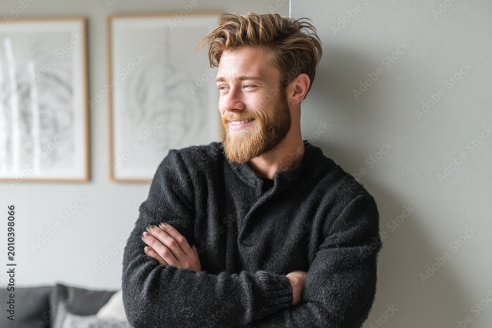 Fototapeta premium Portrait of a blissful man in his 20s with arms crossed isolated on crisp minimalistic living room