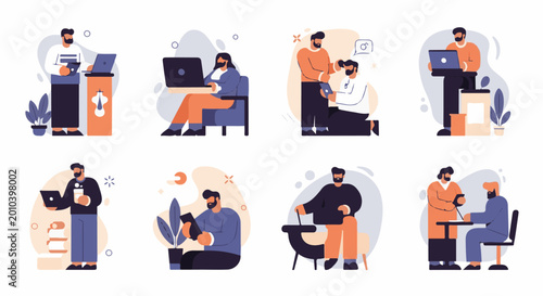 Modern flat illustrations of men working on laptops, tablets, and talking