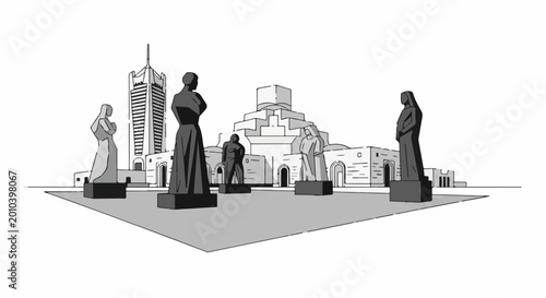Sculptures in an open plaza with modern architecture in the background