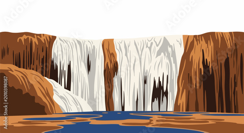 Stylized pixel art waterfall cascading over rocky cliffs into pools