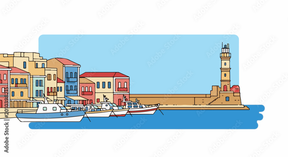 Naklejka premium Colorful coastal scene with boats docked near a lighthouse and buildings