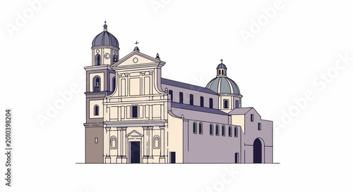 A detailed, flat illustration of a large, ornate church with multiple domes