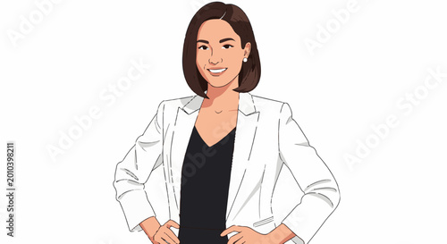 A professional woman in a white blazer and black top, with hands on hips