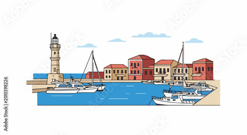 A simplified illustration of a harbor with buildings, a lighthouse, and boats