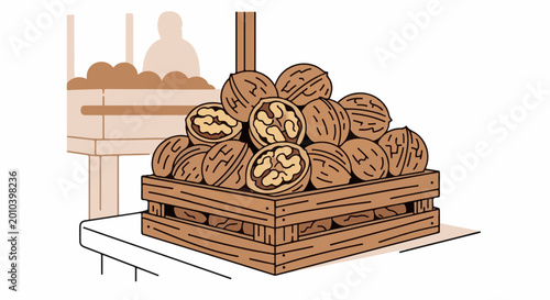 A rustic wooden crate overflowing with whole and halved walnuts on a market stall