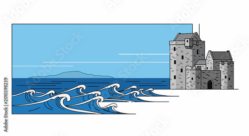 A stone castle stands beside the ocean with waves crashing