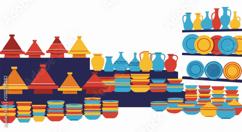 A vibrant display of colorful Moroccan pottery, including tagines, bowls, and plates