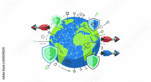 Animated planet earth with security shields, arrows and network connections