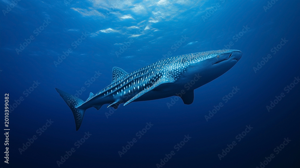 Naklejka premium Massive Tiger Shark Swimming in Deep Blue Ocean Water