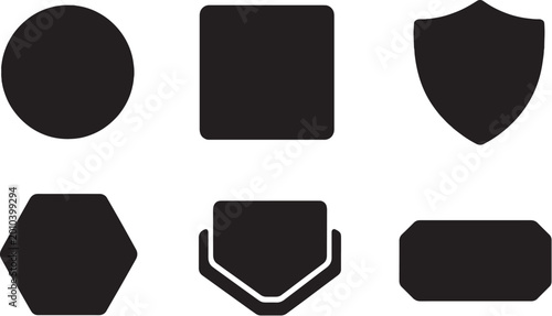Military icon base plates set, badge base silhouettes, circular square shield hex layered flat shapes, minimal solid vector pack