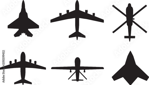 Cuadro en lienzo Military aircraft icon set black silhouette fighter jet bomber helicopter drone