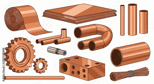 Copper materials including sheets, tubes, wires, and gears