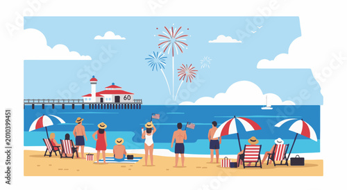 People enjoy fireworks and beach life by a pier on a sunny day