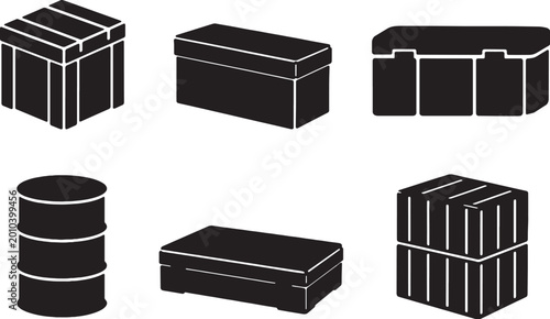 Fotografia Military container silhouettes set storage crate barrel supply black vector icon