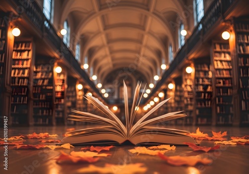 Open book on wooden floor with autumn leaves in library