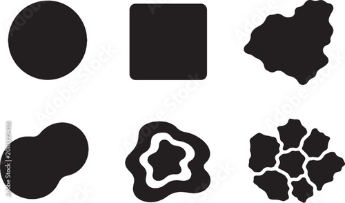 Map zone shapes icon set solid silhouette circular square irregular overlapping layered fragmented territory minimal UI