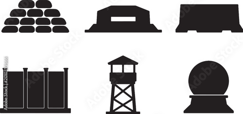 Foto Defense structure icon set black silhouette bunker tower radar fence barrier san