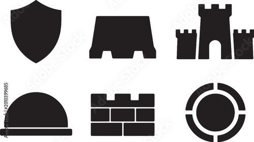 Defense symbol icon set black silhouette shield fortress barrier wall dome protection minimal vector