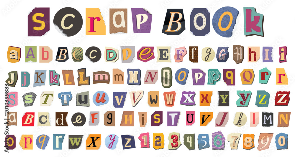Fototapeta premium Scrapbook ransom alphabet cutout letters and numbers collage set