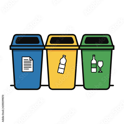 Flat Vector Illustration of Three Color Coded Recycling Bins