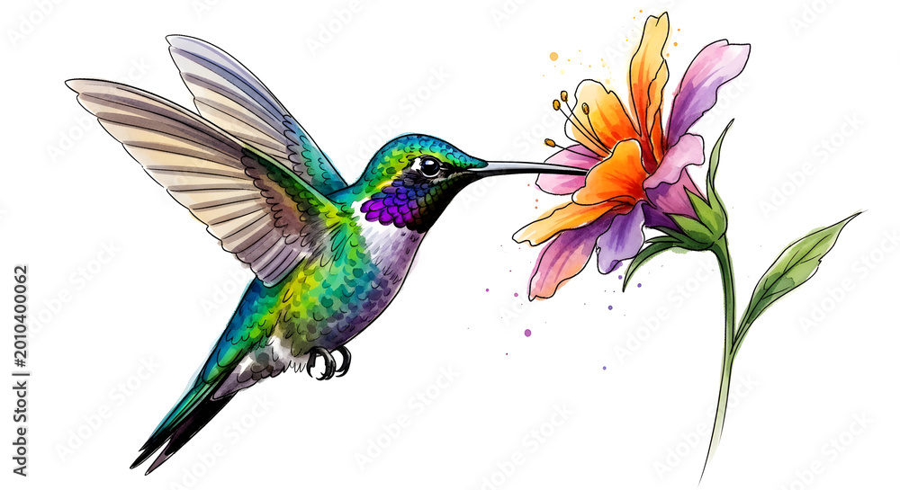 Fototapeta premium A colorful hummingbird flying towards a flower isolated on white background