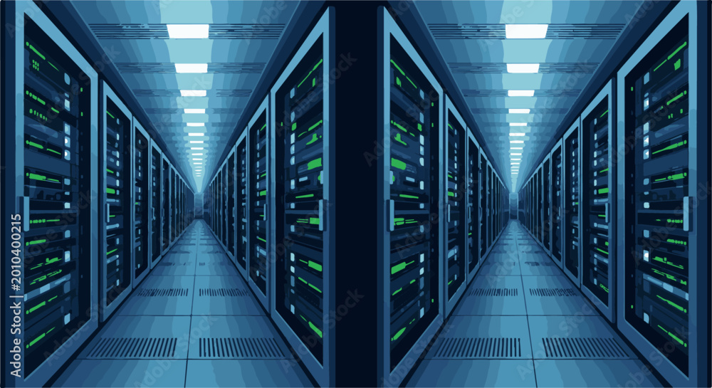 Fototapeta premium Rows of servers with glowing green lights in a data center aisle