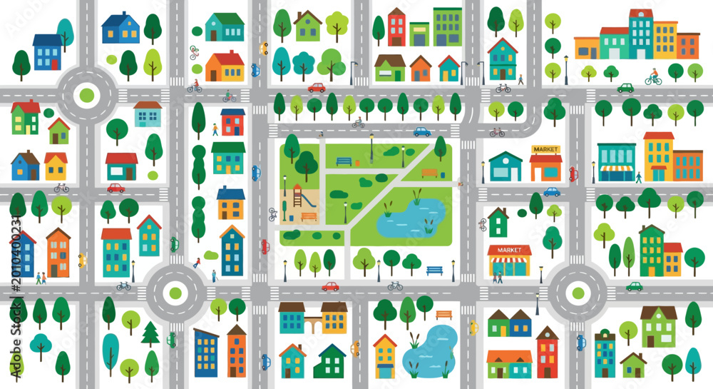Fototapeta premium Colorful illustrated city map with buildings roads and trees