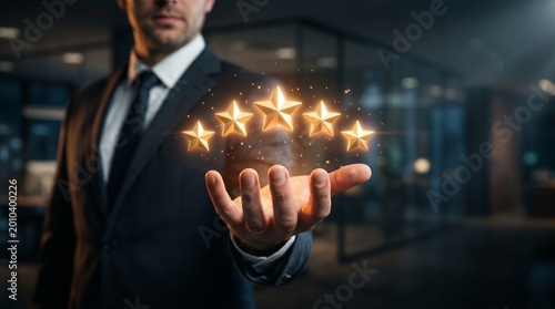 Five Stars of Excellence: An individual, embodying expertise and excellence, presents a luminous display of five golden stars, symbolizing top-tier quality and outstanding performance. 
