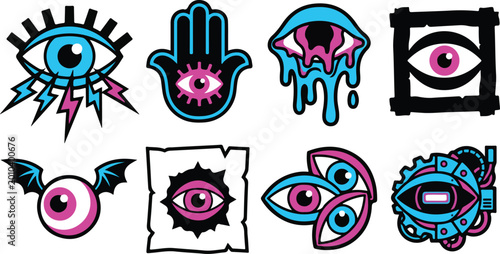 Surreal eye illustration collection featuring trippy vision concepts with melting eyes and electric lightning bolt designs