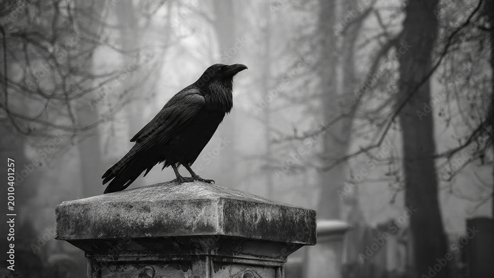 Fototapeta premium Black raven perched on an old stone gravestone in a misty and foggy cemetery