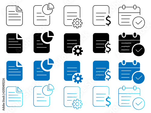 Document management icons featuring pie charts financial reports settings and calendar tasks flat set.