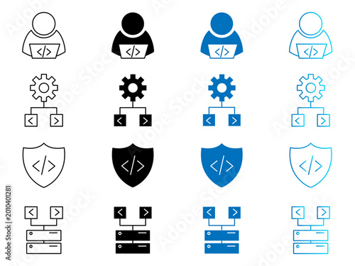 Software development and programming icons illustrating developer coding gear logic shield and server.