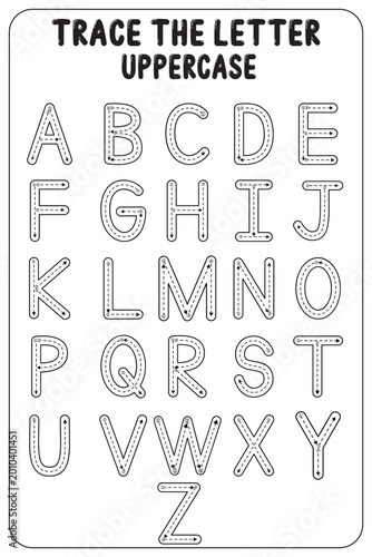 uppercase letters with tracing guide for kids, alphabet letter A to Z  prewriting dotted line of A B C D E F G H I J K L M N O P Q R S T U V W X Y Z kindergarten and preschool kids worksheet 