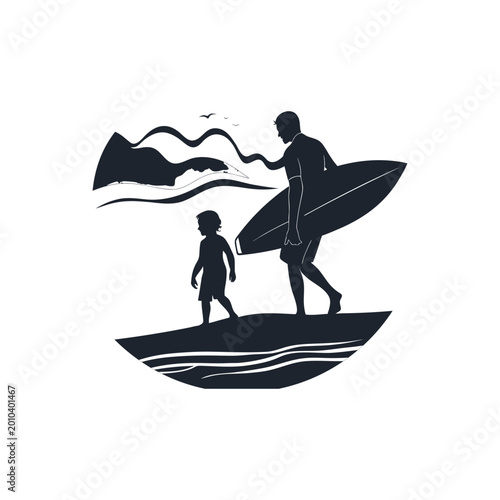 Tableau sur toile Black silhouette of a man and child walking on the beach with a surfboard