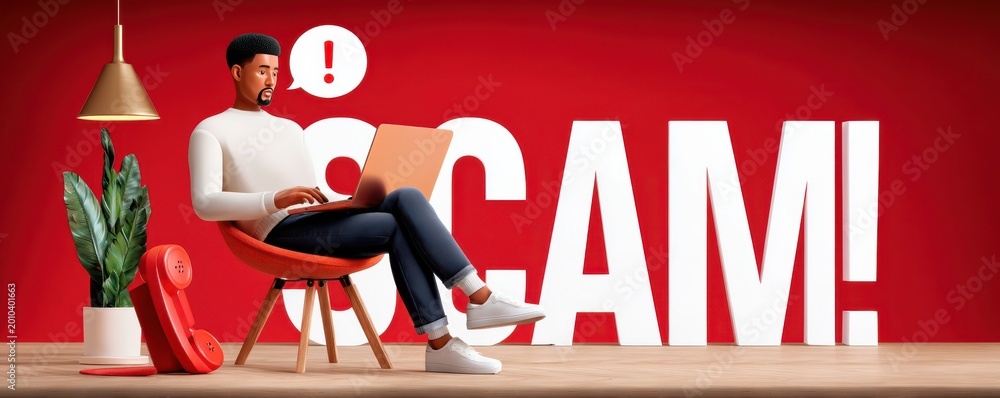 Fototapeta premium Man on laptop reacting to online scam alert with exclamation sign and red warning background