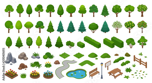 Foto Isometric trees bushes and landscape elements vector illustration set