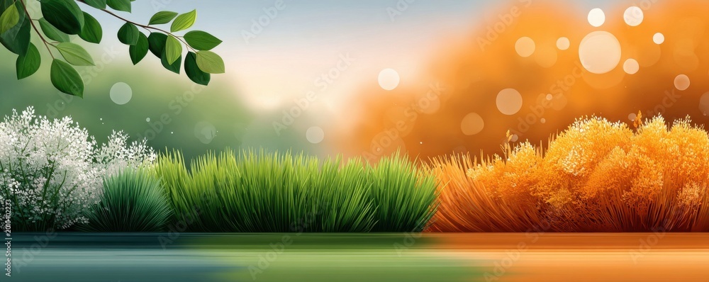 Fototapeta premium Sunlight shining through grass with bokeh blurred background and autumn-spring foliage reflection
