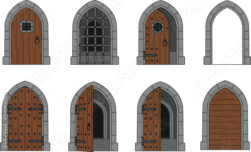 Medieval door illustrations with castle, dungeon, and arched stone frame designs in vector art style