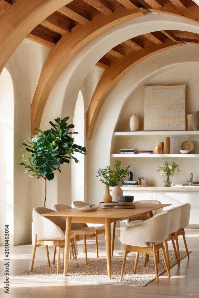 Fototapeta premium Light-filled dining room with arched wooden ceiling, curved beams and natural minimalist decor