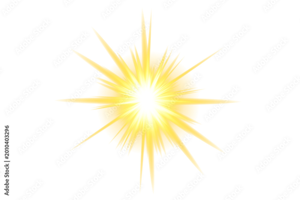 Fototapeta premium Bright yellow starburst explosion with radiant rays on a white background