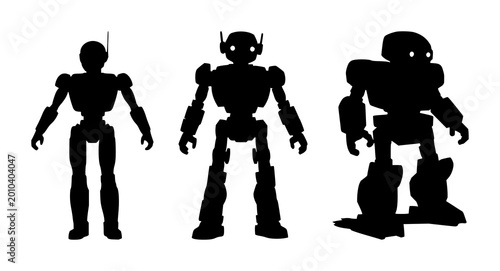 Robot set with black silhouette on white background featuring robotics, technology, science with vector and illustration