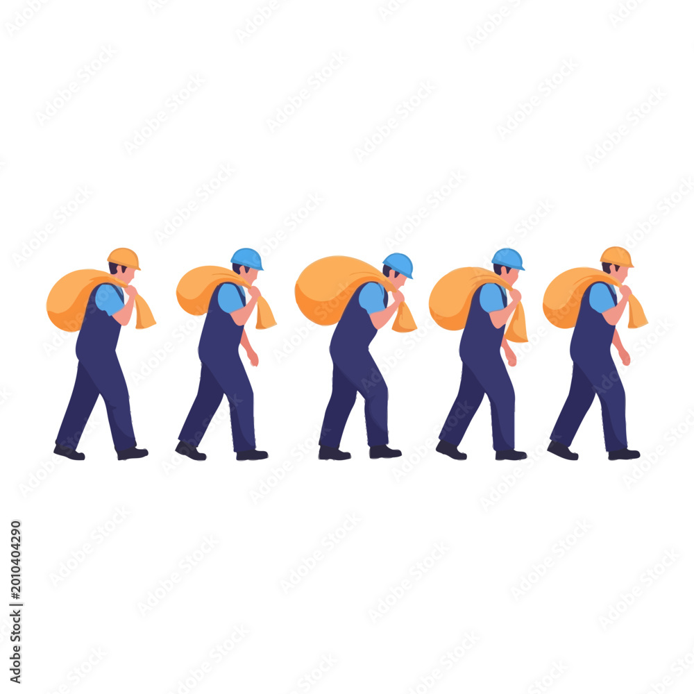Obraz premium Five Movers Carrying Large Orange Sacks in a Line