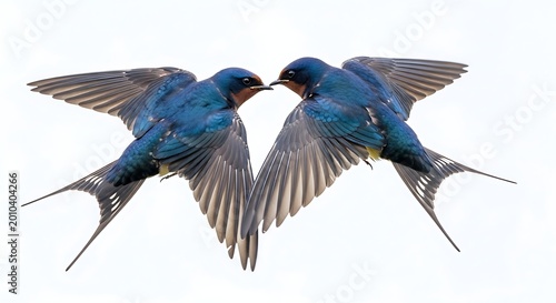 Two blue birds flying in the air with wings spread wide facing each other