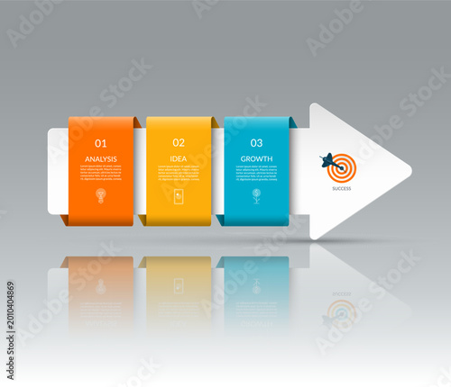 Infographic template with 3 steps. Business growth concept designed as a right-facing arrow with three color blocks with copy space. Can be used for web design, timeline, diagram, chart, presentation.