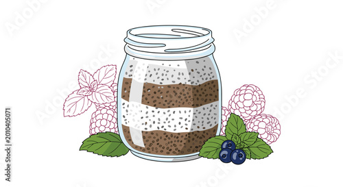 Layered chia seed pudding in a glass jar served with fresh raspberries, blueberries, and mint leaves for a healthy breakfast option.